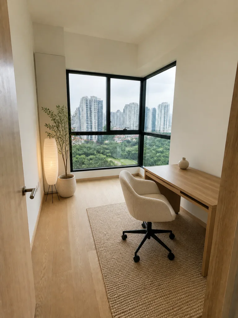 A bright Japandi home office staged for a Singapore property listing