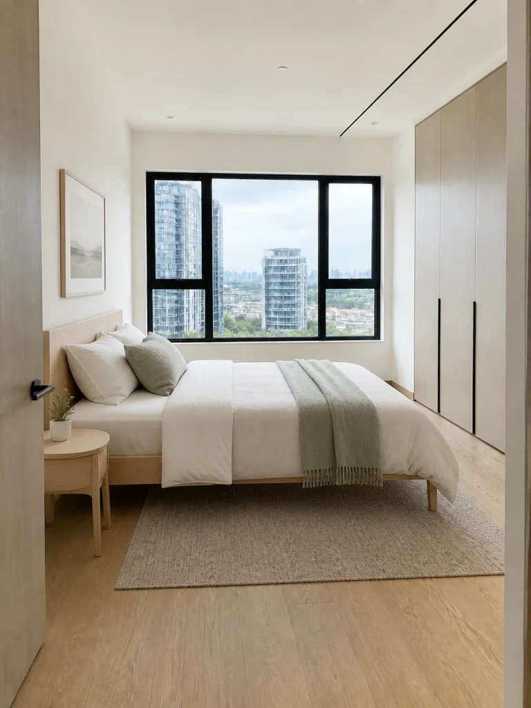A bright Scandinavian bedroom staged for a Singapore property listing